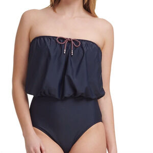 TOMMY HILFIGER Women's Navy Blue Blouson  One Piece Swimsuit 16 NEW